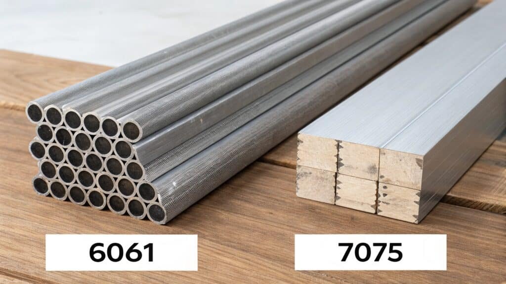 A visual comparison of two force gauges, with 7075's gauge registering a much higher reading than 6061's.